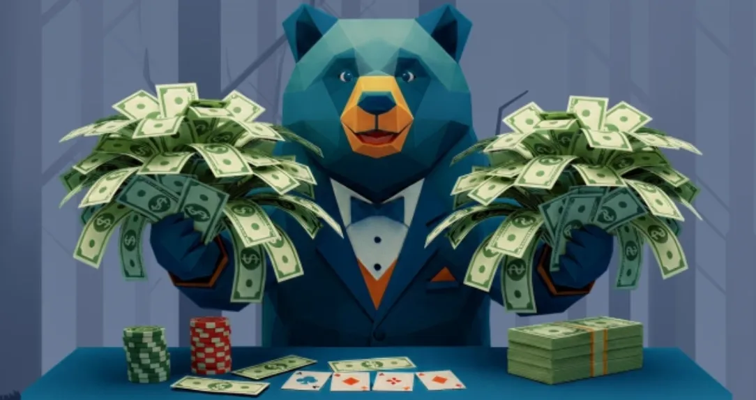 Baloobet αρκούδα με σμόκιν και χαρτονομίσματα σε casino γραφικό
